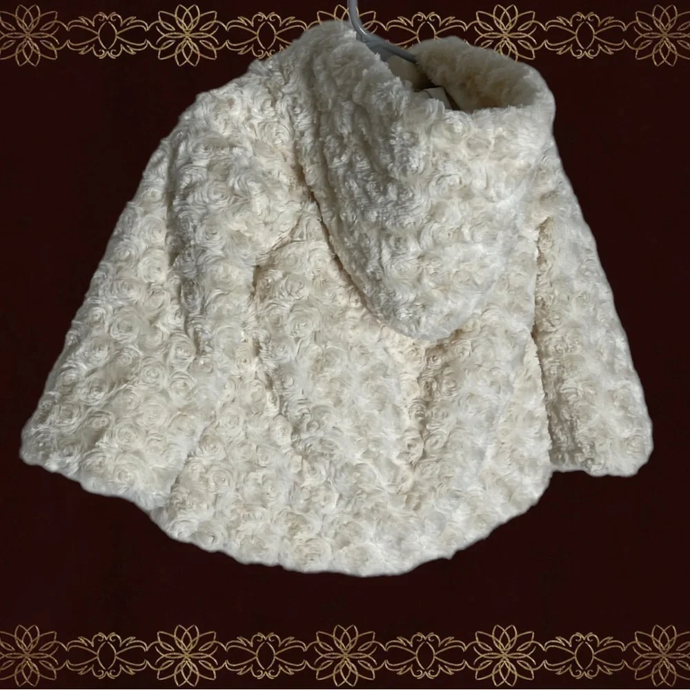 LONDON Fog Girl White Rosette Faux Fur Jacket 12 Month Coat Zipper Button Hooded